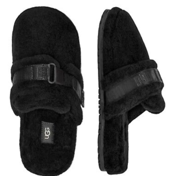 UGG Black Fuzzy Wool Closed Round Toe Logo Print Strap Slippers NWOB - Picture 4 of 10